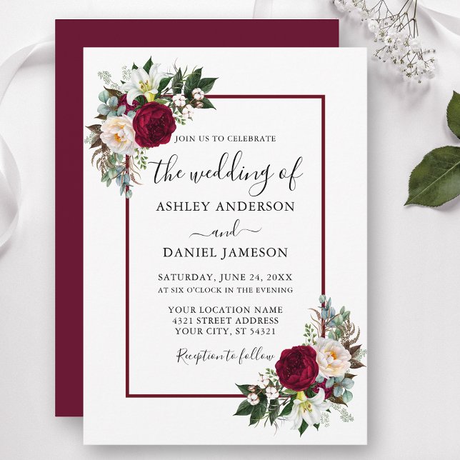 Burgundy Blumengrün Calligrafy Wedding Einladung (Customize to change text color, style, add text & photos to back or change color of back of card.)
