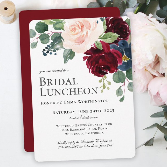 Burgundy Blush and Navy Floral Bridal Luncheon Einladung (Von Creator hochgeladen)