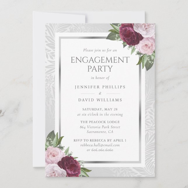 Burgundy Blush and Silver Floral Engagement Party Einladung (Vorderseite)