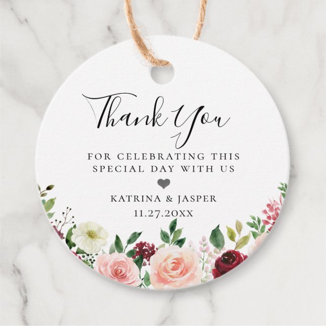 Burgundy Blush Bloral Bouquet Wedding Geschenkanhänger (Vorderseite)