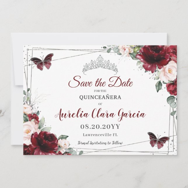 Burgundy Blush Bloral Crown Quinceañera 3 Fotos Save The Date (Vorderseite)