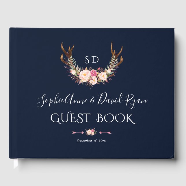 Burgundy Blush Bloral Frame Dunkelblaue Hochzeit Gästebuch (Vorderseite)