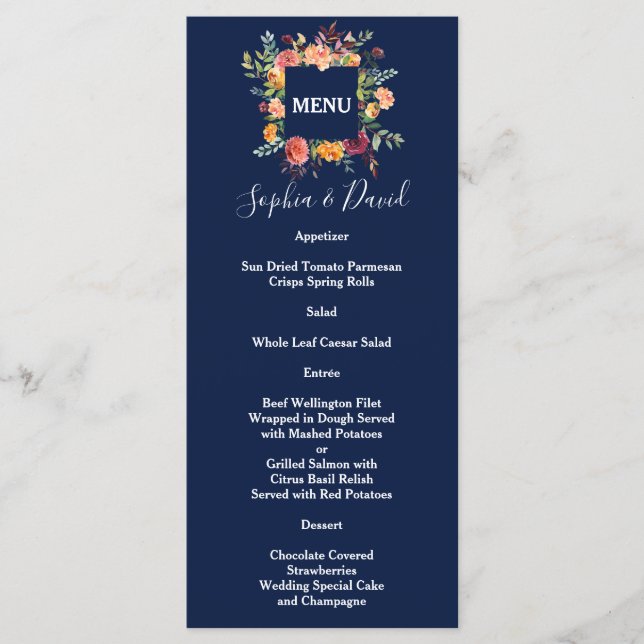 Burgundy Blush Bloral Frame Dunkelblaue Hochzeit Menükarte (Vorderseite)