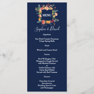 Burgundy Blush Bloral Frame Dunkelblaue Hochzeit Menükarte