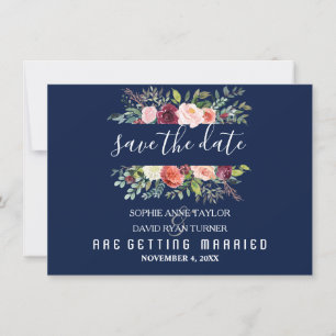 Burgundy Blush Bloral Frame Dunkelblu Save the Dat Date