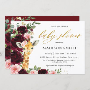 Burgundy Blush Bloral Giraffe Baby Dusche     Einladung