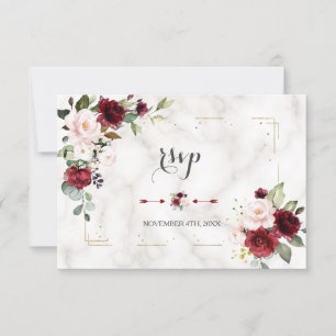 Burgundy Blush Bloral Gold Glitzer Marmorhochzeit RSVP Karte