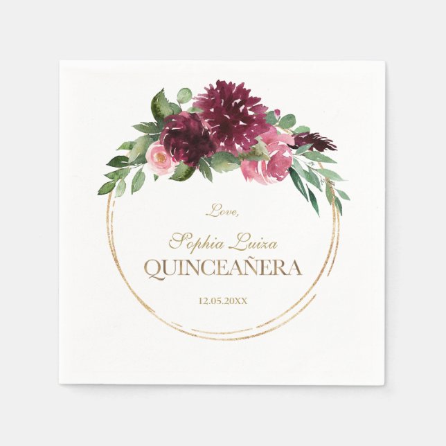 Burgundy Blush Bloral Gold Mis Quince Quinceañera Serviette (Vorderseite)