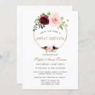 Burgundy Blush Bloral Gold Sweet 16 Einladung