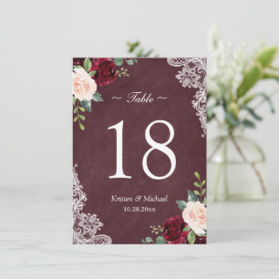 Burgundy Blush Bloral Lace Wedding Tischnummer