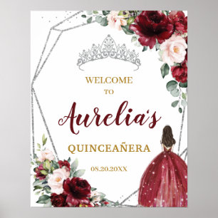 Burgundy Blush Bloral Silver Quinceañera Willkomme Poster