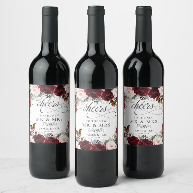 Burgundy Blush Bloral Wedding Gold Butterfliegen Weinetikett (Flaschen)