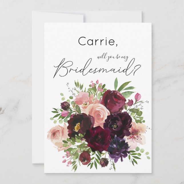 Burgundy & Blush Bloral Werden Sie meine Bridesmai Einladung (Vorderseite)