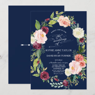 Burgundy Blush Bloral Wreath Dark Blue Wedding Einladung