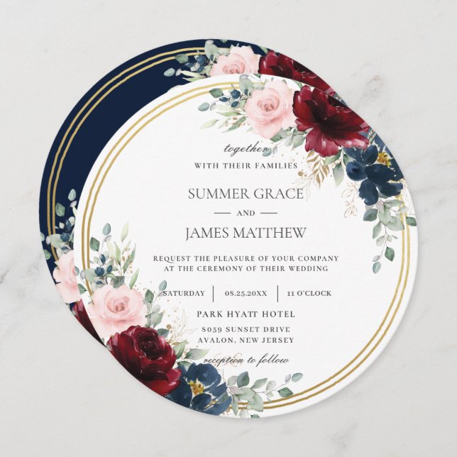 Burgundy Blush Blue Floral Gold Circle Wedding Einladung (Vorne/Hinten)