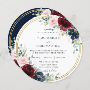 Burgundy Blush Blue Floral Gold Circle Wedding Einladung