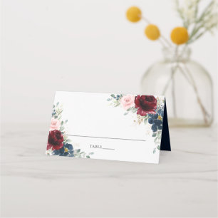 Burgundy Blush Blue Floral Wedding Name Platzkarte
