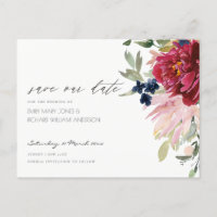 Burgundy Blush Blue Floral Wedding Save the Date
