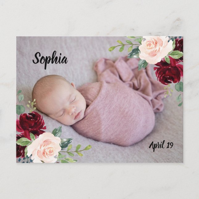 Burgundy Blush Blume Baby Girl Junge Foto Neugebor Postkarte (Vorderseite)
