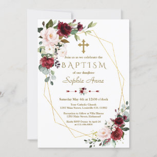 Burgundy Blush Blume Gold Frame Cross Taufen Einladung