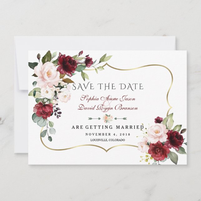 Burgundy Blush Blume Gold Frame Wedding Save The Date (Vorderseite)