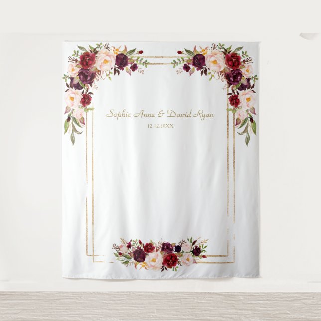 Burgundy Blush Blume Gold Wedding Foto Stand Wandteppich (Vorderseite)