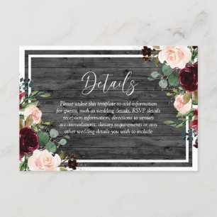 Burgundy & Blush Blume Holzkohle Hochzeit Begleitkarte