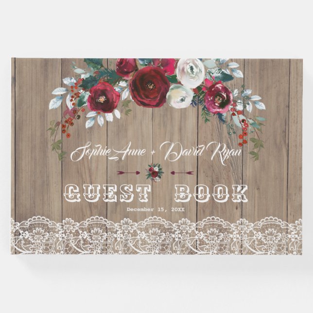 Burgundy Blush Blume Lace Wood Wedding Gästebuch (Vorderseite)