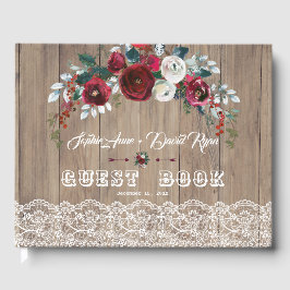 Burgundy Blush Blume Lace Wood Wedding Gästebuch