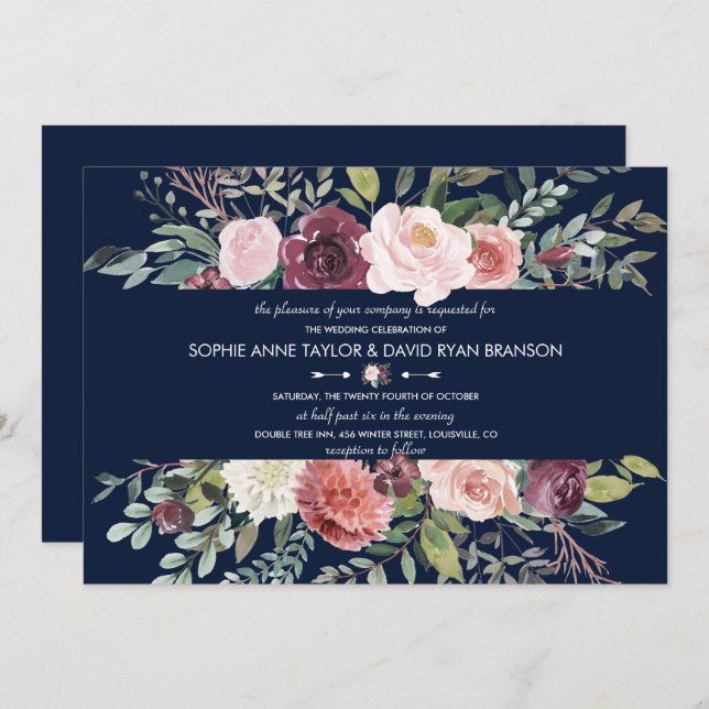 Burgundy Blush Blume Navy Blue Wedding Einladung (Vorne/Hinten)