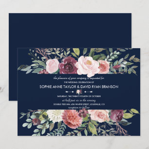 Burgundy Blush Blume Navy Blue Wedding Einladung