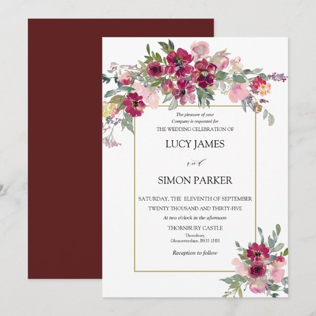 Burgundy Blush Blumenstrauß mit Goldrahmen Einladung (Vorne/Hinten)