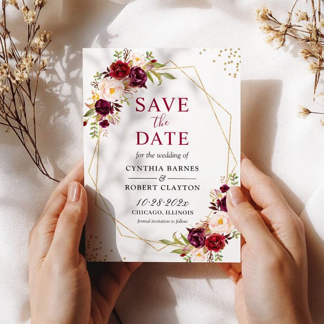 Burgundy Blush Boho Floral Trendy Gold Geometric Save The Date (Von Creator hochgeladen)