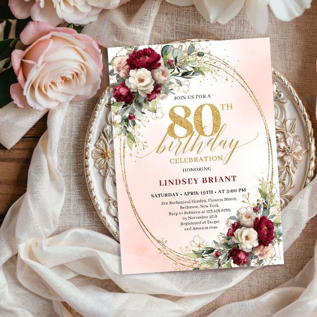 Burgundy Blush Boho Garden 80th Birthday Invites Einladung (Burgundy Blush Boho Garden 80th Birthday Invitation)