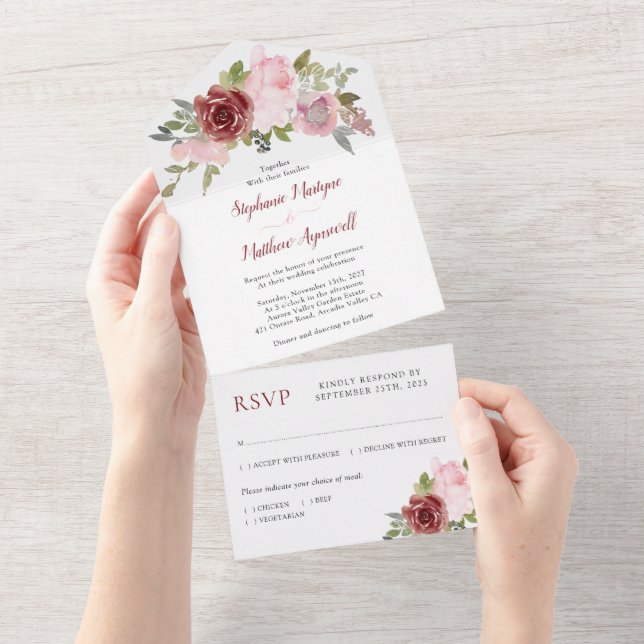 Burgundy Blush Dusty Pink Floral Wedding All In One Einladung (Abreißen)