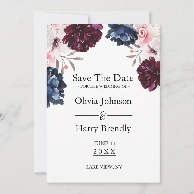 Burgundy Blush Elegante Blumen Save the Date (Vorderseite)