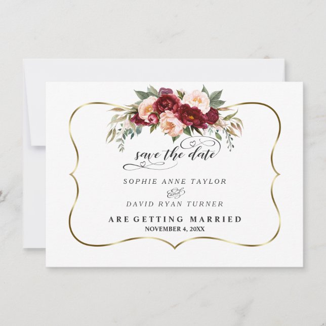 Burgundy Blush Elfenbeinblume Blütengoldene Hochze Save The Date (Vorderseite)