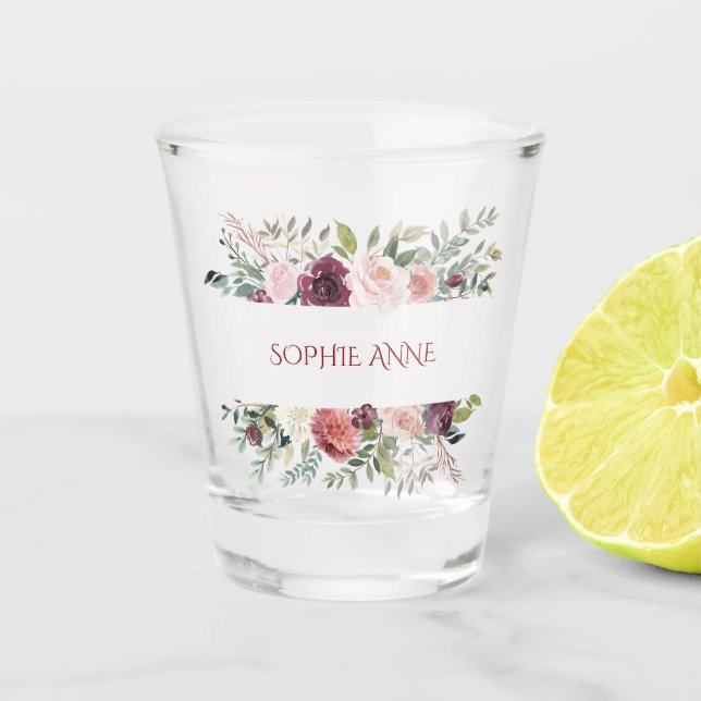 Burgundy Blush Elfenbeinfarben Blume Rahmen Monogr Schnapsglas (Vorderseite)