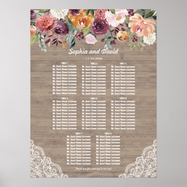 Burgundy Blush Elfenbeinholz-Sitzplan Poster (Vorne)