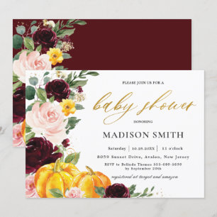 Burgundy Blush Fall Floral Pumpkins Baby Dusche    Einladung