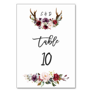 Burgundy Blush Floral Antlers Hochzeit Tischnummer