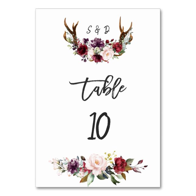 Burgundy Blush Floral Antlers Hochzeit Tischnummer (Vorderseite)