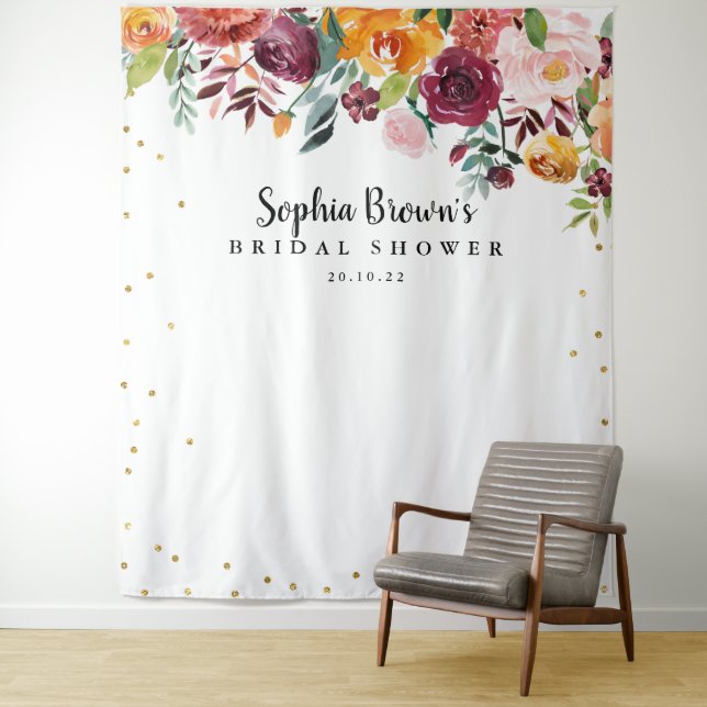 Burgundy Blush Floral Brautparty Foto Stand Wandteppich (Beispiel)