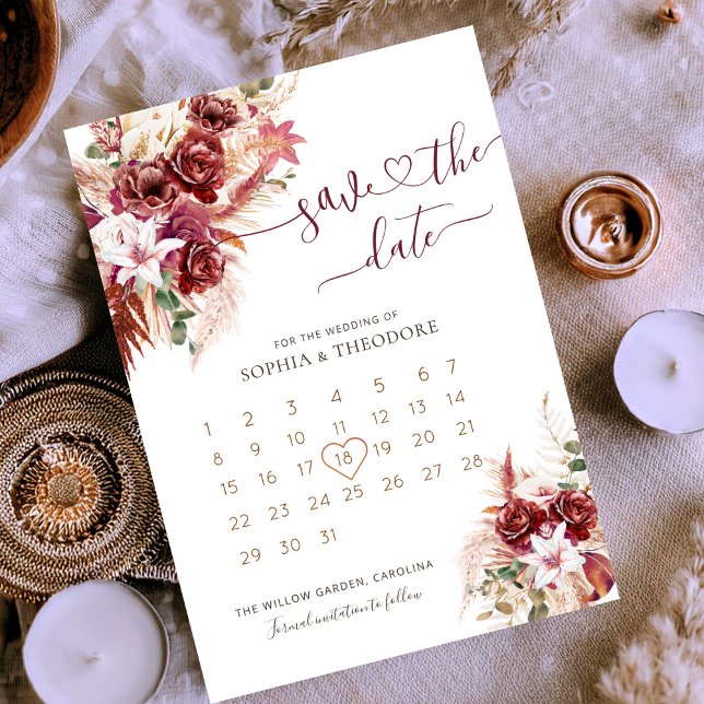 Burgundy & Blush Floral Calendar Save The Date (Von Creator hochgeladen)