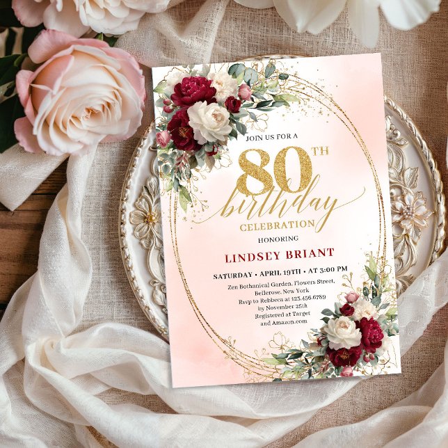 Burgundy Blush Floral Chic 80th Birthday Invite Einladung (Burgundy Blush Floral Chic 80th Birthday Invitation)