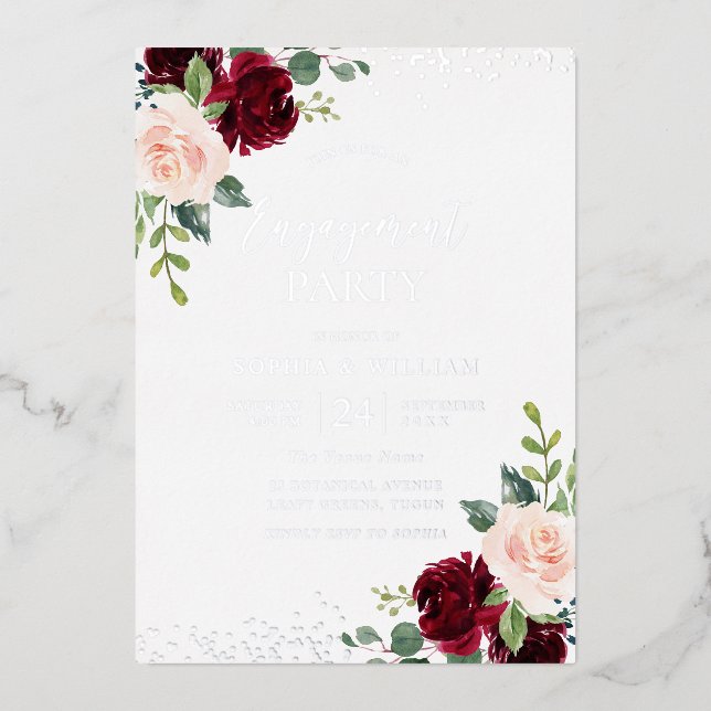 Burgundy Blush Floral Engagement Partei Silver Folieneinladung (Vorderseite)