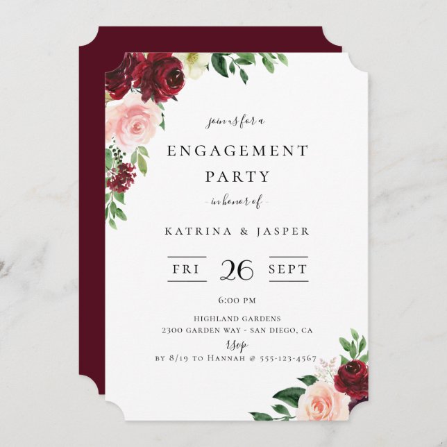 Burgundy Blush Floral Engagement Party Einladung (Vorne/Hinten)