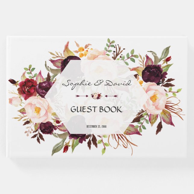 Burgundy Blush Floral Geometric Navy Gast Book Gästebuch (Vorderseite)