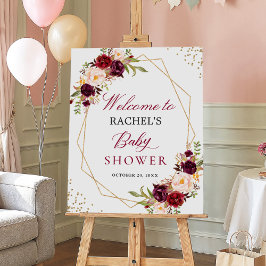 Burgundy Blush Floral Gold Frame Baby Duschzeichen Poster
