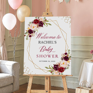 Burgundy Blush Floral Gold Frame Baby Duschzeichen Poster